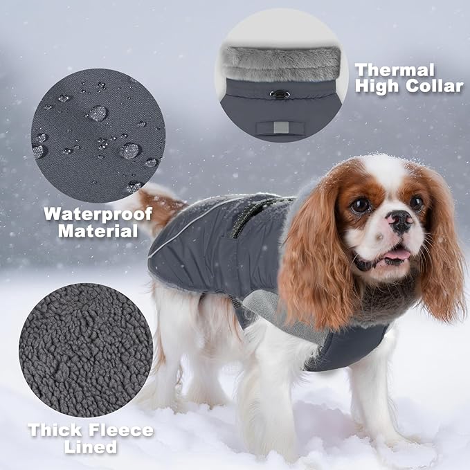 KYEESE Waterproof Dog Coat, Windproof Pet Jacket with Thick Fleece Lining, Extra Warm High Collar Dog Coats for Medium to Large Dogs with Leash Hole and Reflective Strips, Gray, XX-Large
