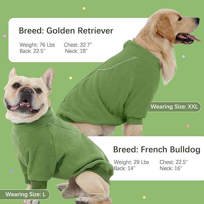 BRKURLEG Dog Sweater Dogs Warm Soft Fleece Sweaters, Turtleneck Sweatshirt for Small Medium Large Dogs, Dog Winter Coat, French Bulldog Pullover Jacket with Sleeve, Cold Weather Coat (Green, XL)