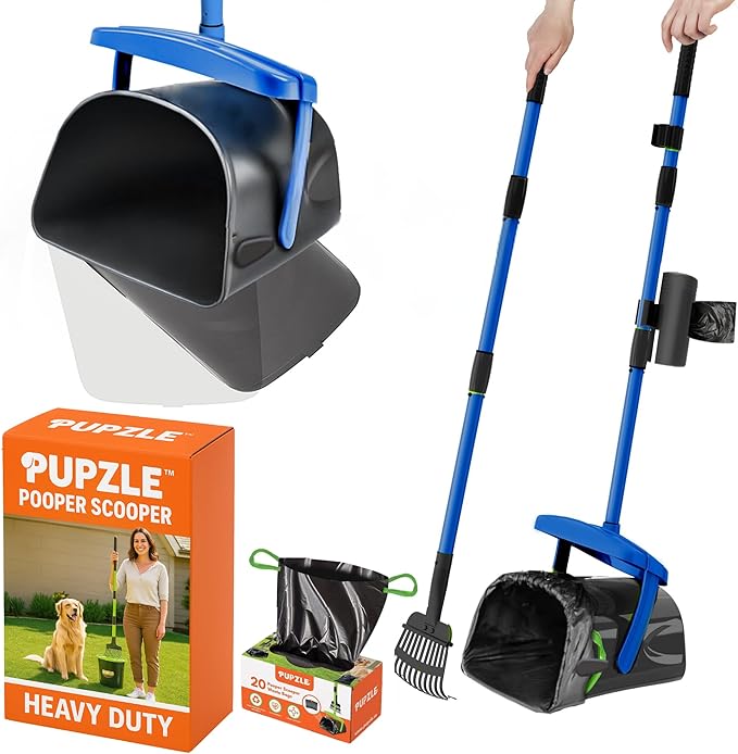 Pupzle Dog Pooper Scooper with Bag Attachment, 40" Long Handle Pooper Scooper for Large Dogs, Dog Poop Scoop for Yard, Large Capacity Swivel Bin and Rake, Lavender Scented Bags (Blue)