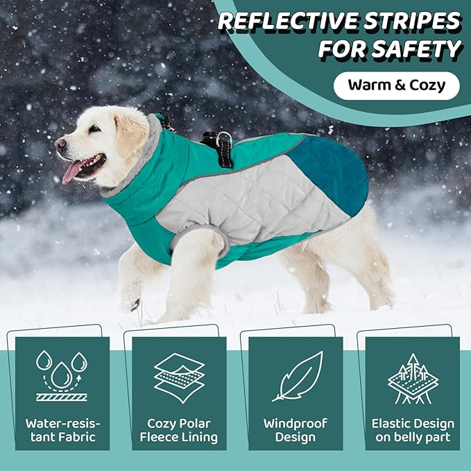 AOFITEE Dog Coat, Warm Dog Jacket, Reflective Dogs Winter Coat with Harness Built in and Fleece Lined, Waterproof Pet Winter Jacket Snowsuit for Small Medium Large Dogs, Green L
