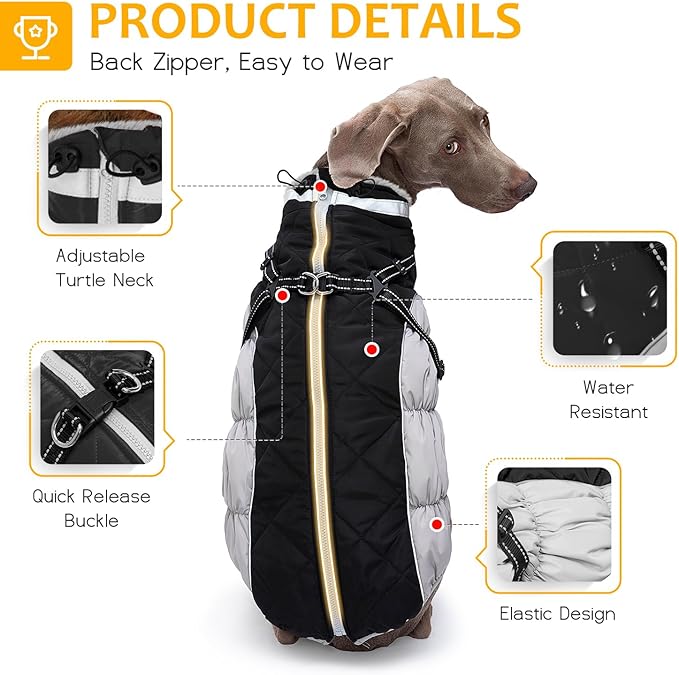 Dog Winter Coat with Harness, Dog Jacket, Pet Clothes with Zipper on Back, Waterproof Windproof Warm Vest, Reflective Cold Weather Coats, for Small Medium Large Dogs, Thick, Black, 2XL