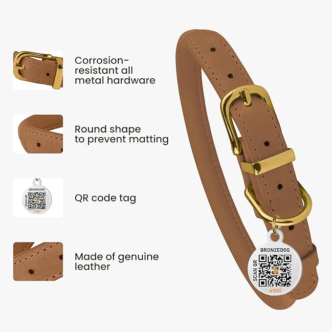 BronzeDog Rolled Leather Dog Collar with QR ID Tag, Adjustable Soft Round Collars for Small Medium Large Dogs Puppy (14" - 16" Neck Size, Light Brown)