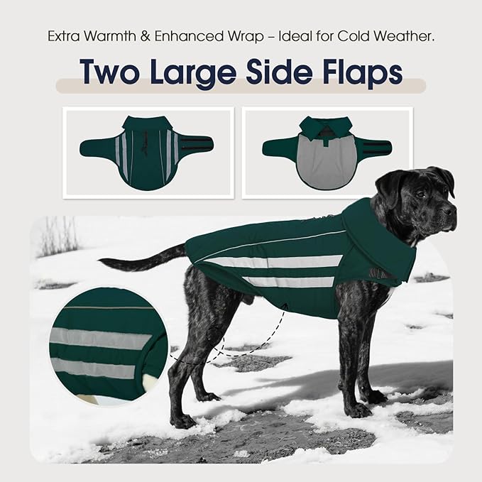 IECOii Dog Winter Coat - Waterproof & Windproof & Reflective Coats, Adjustable & Fleece Lined Snow Jacket for Pitbull Outdoor Adventures, Green, Sizes XL