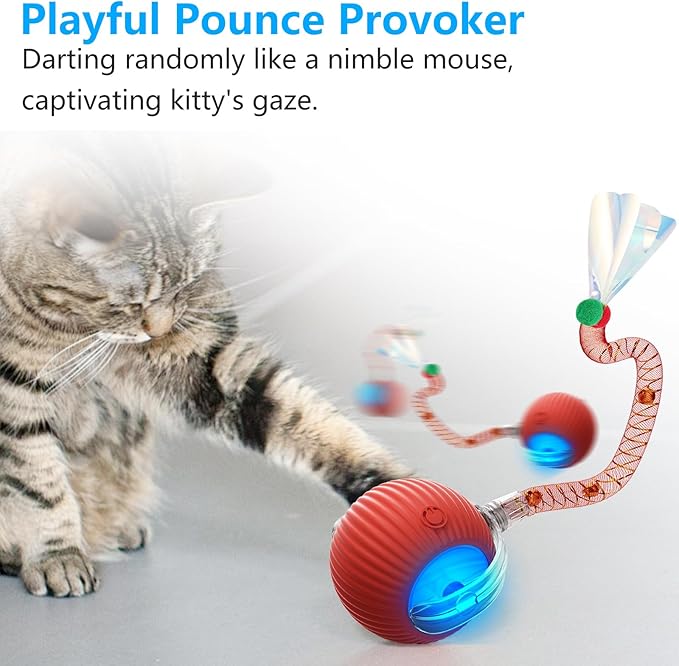 Interactive Cat Toys for Indoor Cats, 2025 New Generation Interactive Cat Ball Toy with Elastic Mesh Tail, Automatic Cat/Kitten Toys with Chirping & Motion Activate, Cat Toys for Bored Indoor(Red)
