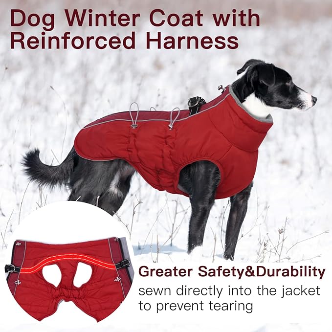 Dog Winter Jacket - XX Large, Warm Zip Up Snowsuit Dog Harness Vest, Reflective, Water-Resistant, Red