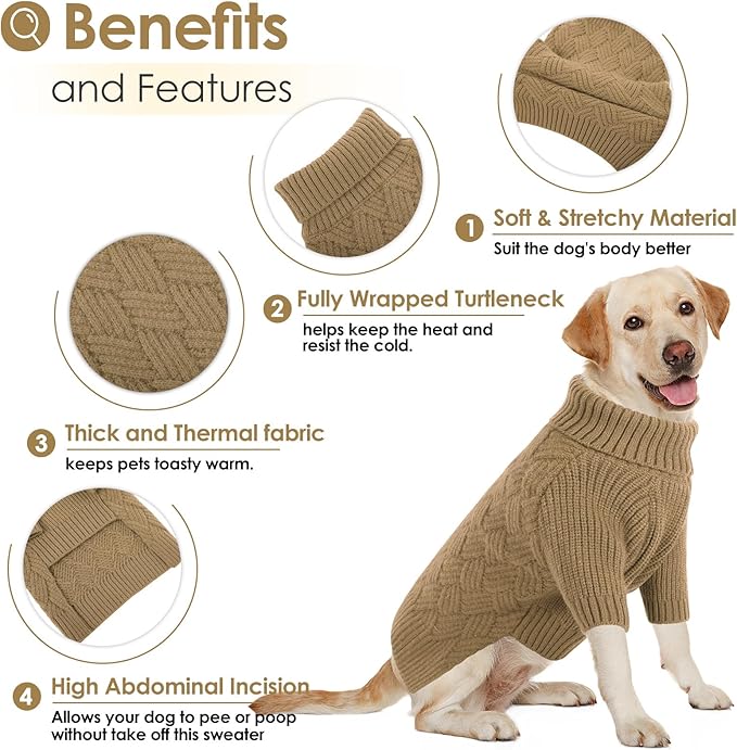 AOFITEE Small Dog Sweater, Dog Sweaters for Small Dogs Male, Thick Dogs Winter Sweatshirt Girl Boy, Pet Halloween Sweater, Classic Cable Turtleneck Holiday Knitwear for Pug Dachshund (Brown, S)
