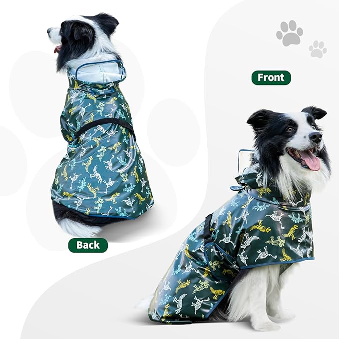 Dog Raincoat, Waterproof Windproof Dog Rain Jacket with Hood, Rain Coat with Leash Hole, Adjustable Raincoat Poncho for Small Medium Large Dogs Outdoor (Green, Large)
