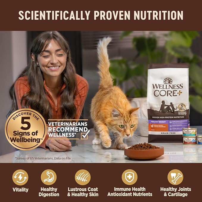 Wellness CORE+ Adult Dry Cat Food for Indoor Cats, Grain-Free, Natural, Chicken, Turkey & Chicken Meal (5 Pound Bag)