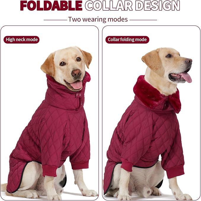 IDOMIK Dog Winter Coat for Large Dogs, Warm Dog Winter Jacket with Fleece High Collar, Zippered Cold Weather Coats for Dogs, Waterproof Doggy Snow Jacket Clothes,WineRed,2XL