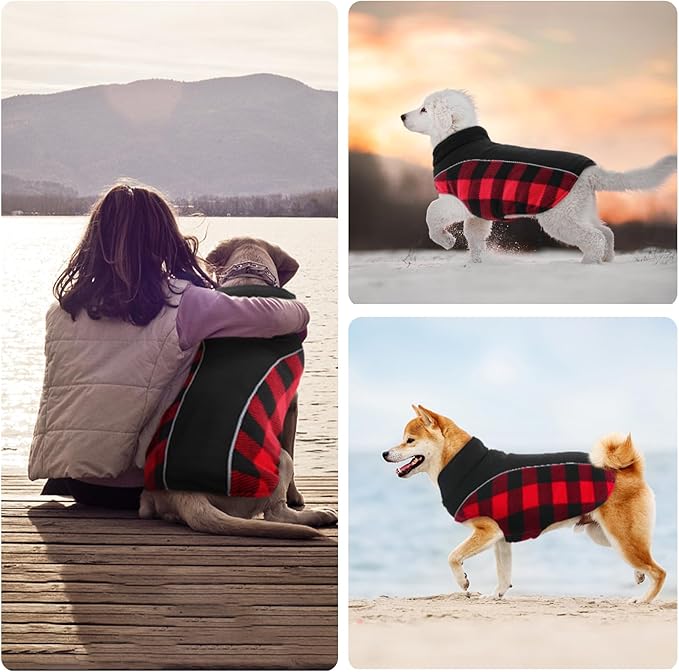 Kuoser Dog Winter Coat, Reversible Waterproof Dog Jacket with Leash Hole, Warm Dogs Fleece Vest Adjustable Doggy Cold Weather Clothes Plaid Christmas Outfit Pet Apparel for Large Dogs, RedBlack L