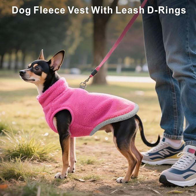 Idepet 2 Pack Dog Fleece Vest Sweater Warm Pullover Jacket with D-Ring Leash Reflective Winter Coat Hoodie for Puppy Cat French Bulldog Pug Chihuahuas Yorkies Dachshunds (Red&Rose Red,X-Large)