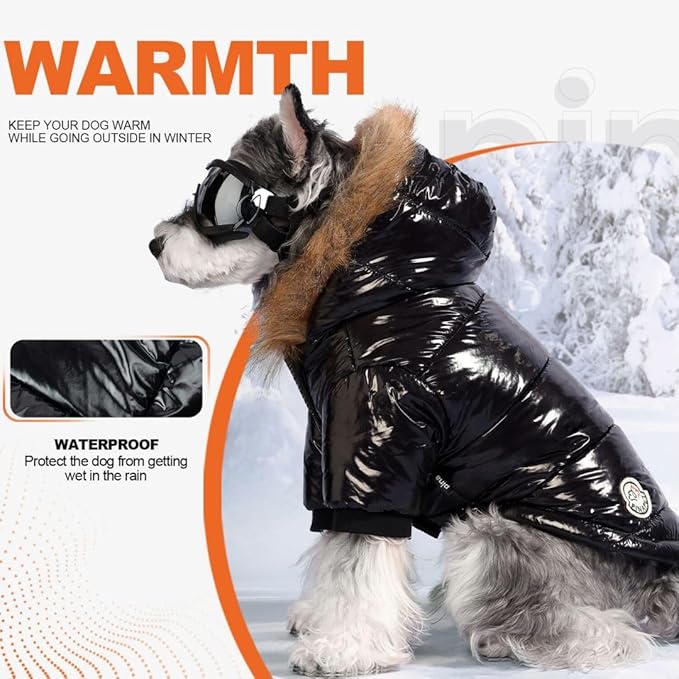 PINA Dog Winter Coat with Faux Fur Hood, Windproof and Warm, Suitable for Small to Large Dogs, Black, XL