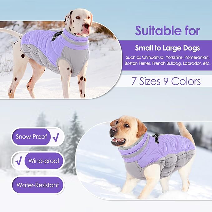 AOFITEE Dog Coat, Warm Dog Jacket, Reflective Winter Coats for Medium Dogs, Turtleneck Dogs Winter Jacket with Harness Built in, Waterproof Windproof Pet Fleece Vest Puffer Jacket, Lilac M