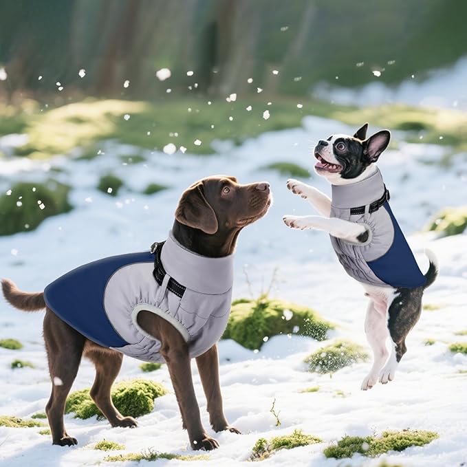 DENTRUN Dog Coat with Harness Built in, Easy On/Off Zipper Closure Winter Dog Vest, Water-Repellent Fleece Lined Warm Jacket with Reflective for Large Dogs, Dark Blue, XXL