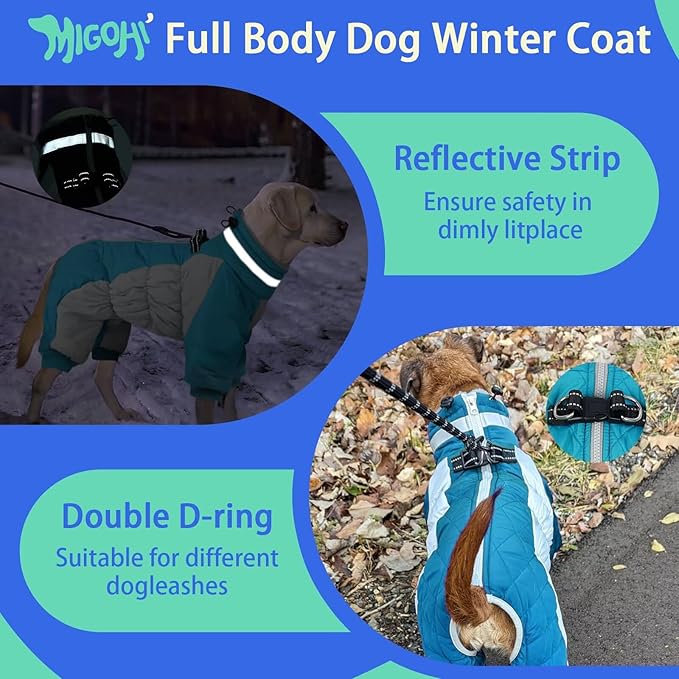 MIGOHI Full Body Dog Coat - Warm Reflective Small Dog Winter Coat with Harness, Turtleneck Fleece Jacket for Dogs,Four-Leg Windproof Puffer Jackets Snowsuit with Zipper for Small Medium Large Dogs,XS