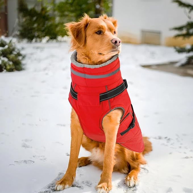 PETDSH Dog Coat Large, Built-in Harness Dog Jacket with Warm Fleece Lining, Waterproof Reflective Dogs Winter Coat, Pet Coats with Pocket and Trash Bags (Red, Large)