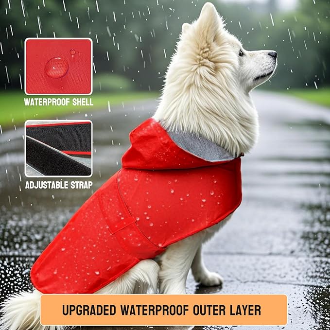 Dog Raincoat Dog Rain Jacket Poncho Waterproof Pet Rain Suit Double Layer Breathable Lining Hooded Leash Hole Adjustable Puppy Small Medium Dogs,Red,L