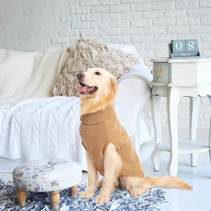 Mihachi Turtleneck Dog Sweater - Winter Coat Apparel Classic Cable Knit Clothes with Leash Hole for Cold Weather, Ideal Gift for Pet in New Year Khaki X-Large