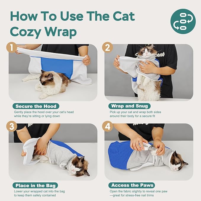 Self-Adhesive Cat Grooming Wrap, Cozy Cat Wrap for Cutting Nails, Breathable Anti-Scratch Cat Swaddle Bag for Brushing, Ear Cleaning, Dental Care, Medication, Injections,Blue L