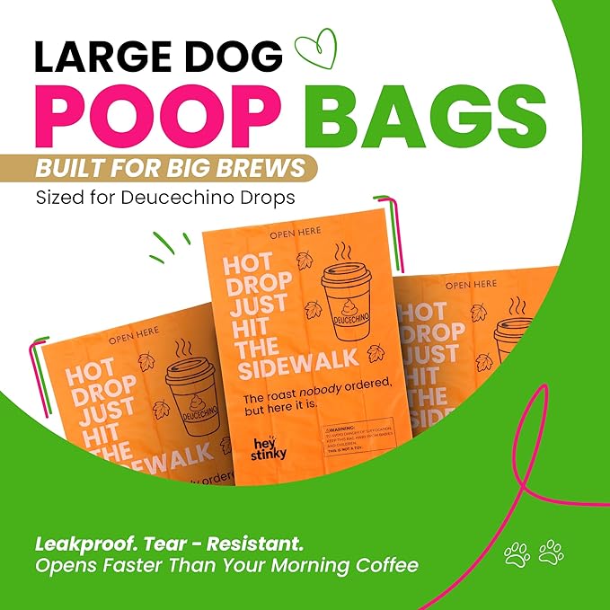 Dog Poop Bags 120 Count – Leakproof, Extra Thick & Easy Open | Unscented Plant-Based PLA + PBAT, Fits All Dispensers | Funny Hey Stinky Design – $1 Donated to Service & Therapy Dogs