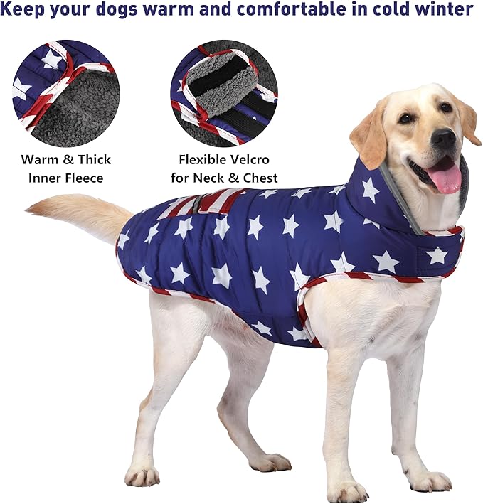 Dog Coat, Waterproof Dog Winter Jacket with Pocket, Reflective Adjustable Pet Snow Vest, Warm Cozy Fleece Sweater for Small Medium Extra Large Dogs - American Flag, 3XL
