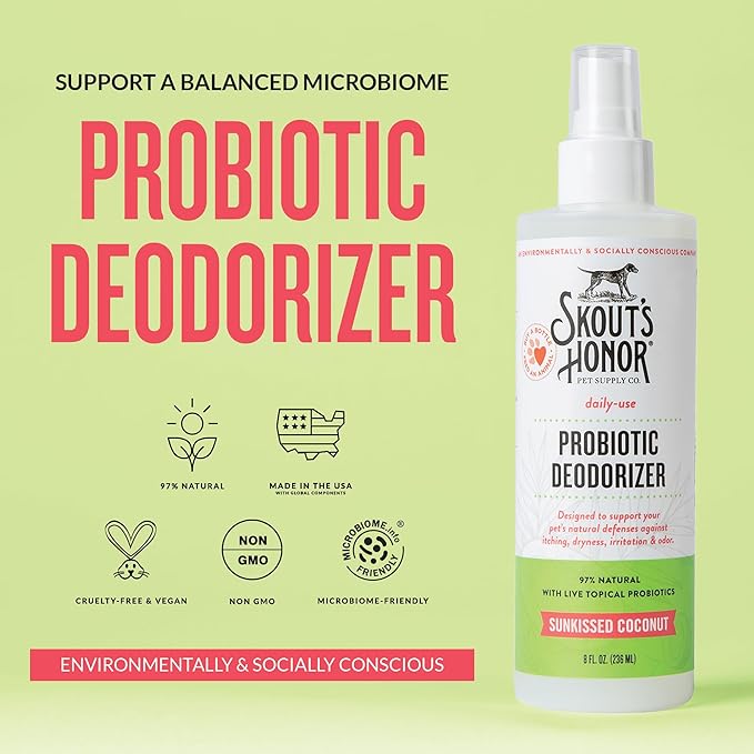 SKOUT'S HONOR Probiotic Pet Deodorizer Spray- Hydrating Daily-Use with Avocado Oil & Omega-3s, Microbiome Friendly Certiified, Paraben & Sulfate-Free, 97% Natural, 8oz, Sunkissed Coconut