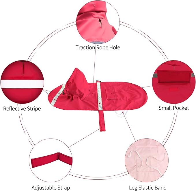 NACOCO Large Dog Raincoat Adjustable Pet Water Proof Clothes Lightweight Rain Jacket Poncho Hoodies with Strip Reflective (L, Red)