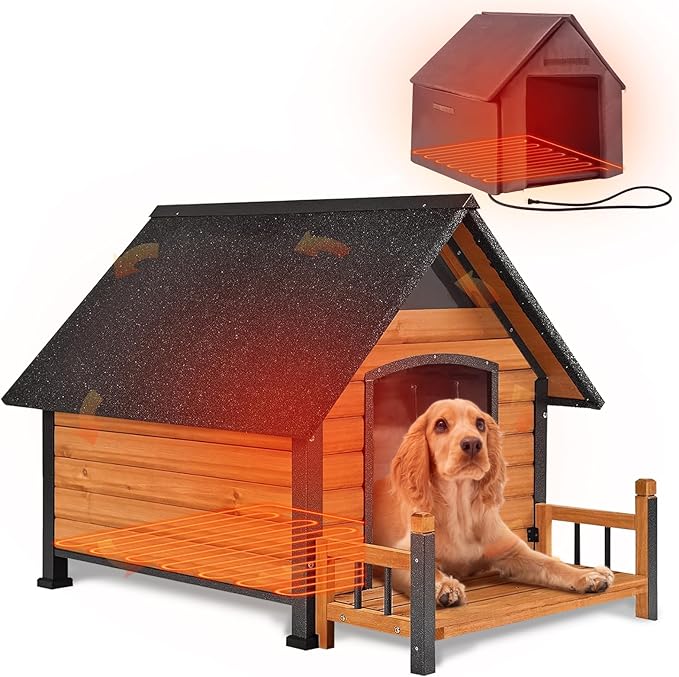 AIVITUVIN Heated Outdoor Dog House Insulated Liner with Anti-Chewing Iron Surround Dog Kennel Dog Shelter Weatherproof (Brown, 45" D x 32.9" W x 32.6" H)