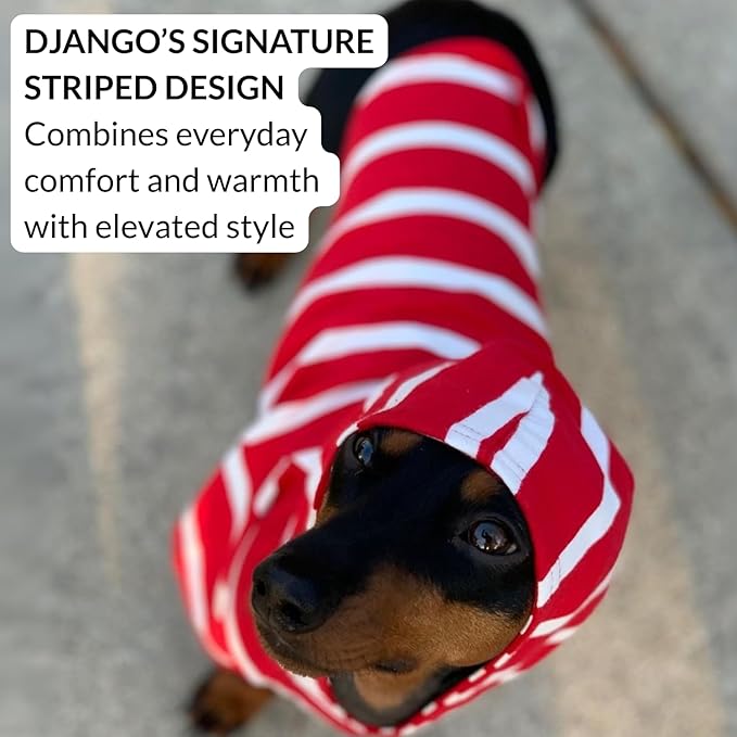 DJANGO Dog Hoodie – Warm, Lightweight, Soft & Stretchy Dog Sweater with Hood, Harness Hole & Elastic Waistband – Cozy Sweatshirt for Small Dogs up to 25 lbs, Dachshunds & Puppies – Crimson Red, XS