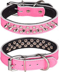 Adjustable Genuine Leather Spiked Studded Dog Collars for Small Medium Large Pets Like Pit Bull Bulldog Pugs Husky (M, Hot Pink)