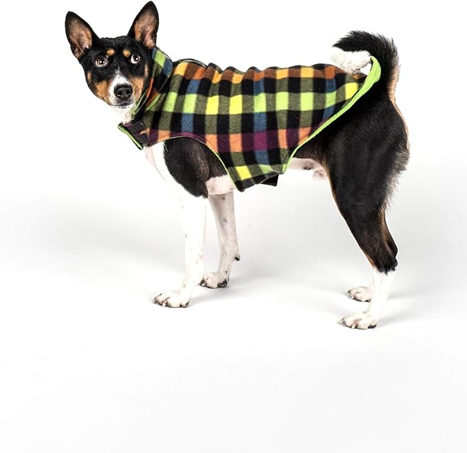 The Worthy Dog Fargo Fleece Check Dog Jacket, Adjustable Reversible with Harness Hole, Wind-Resistant, Winter Outdoor Clothes for Pets, Red - 10''
