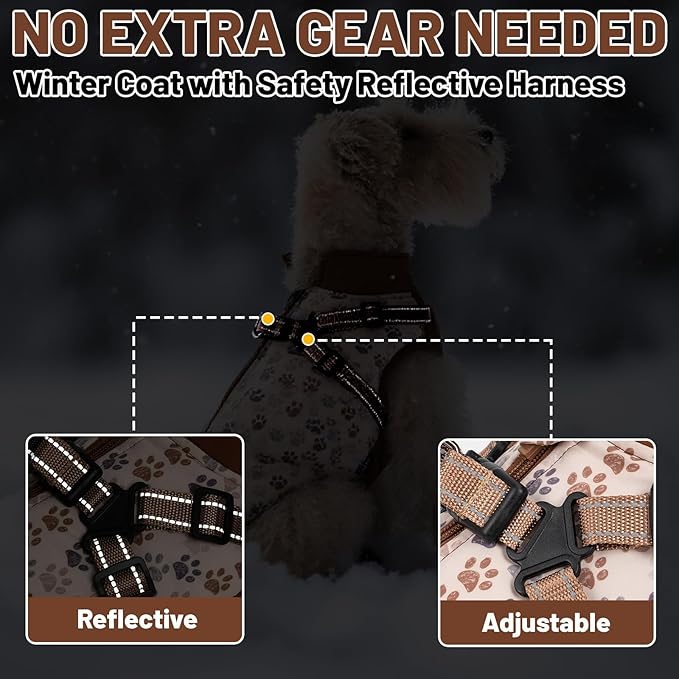 Dog Winter Coat for Small & Medium Dogs (Up to 32lb), Waterproof Dog Coat with Harness, Puppies Windproof Puppy Puffer Jacket, Snowsuit for Dachshund,Frenchie, Corgi (Paw Brown, 2XLarge)