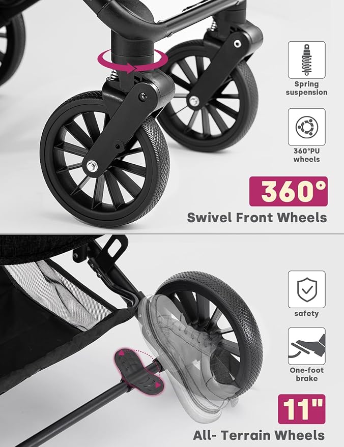 Dog Stroller for Small Medium Dogs Up to 60lbs, 4 Wheels Folding Pet Stroller with Detachable Carrier, Pet Travel Carrier for 2 Dogs & Cats, Storage Basket, Breathable Mesh, Cup Holder, Black