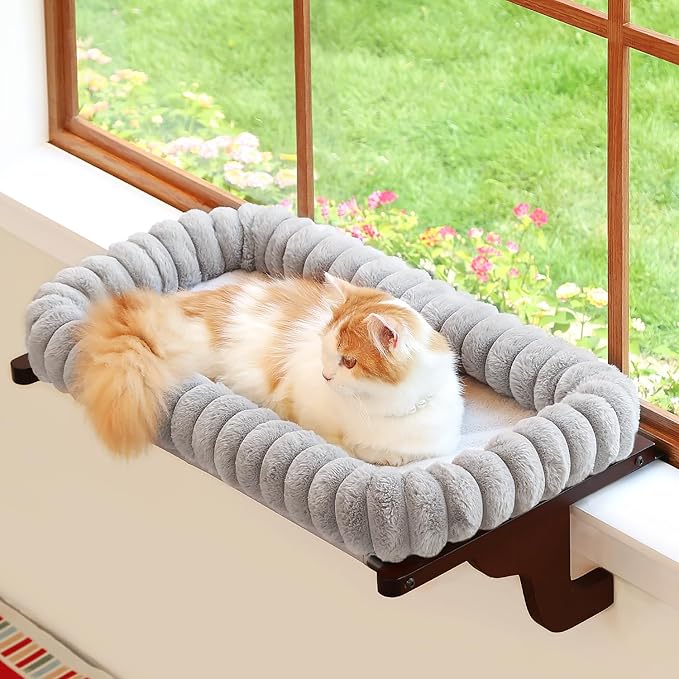 Zakkart SnugCloud Cat Window Perch with 4-Sided Bolster - Orthopedic Cat Hammock for Window Sill - Solid Hardwood & Metal Frame - Window Seat for Pets (Dark Stained Wood w/Gray Bed, Large)