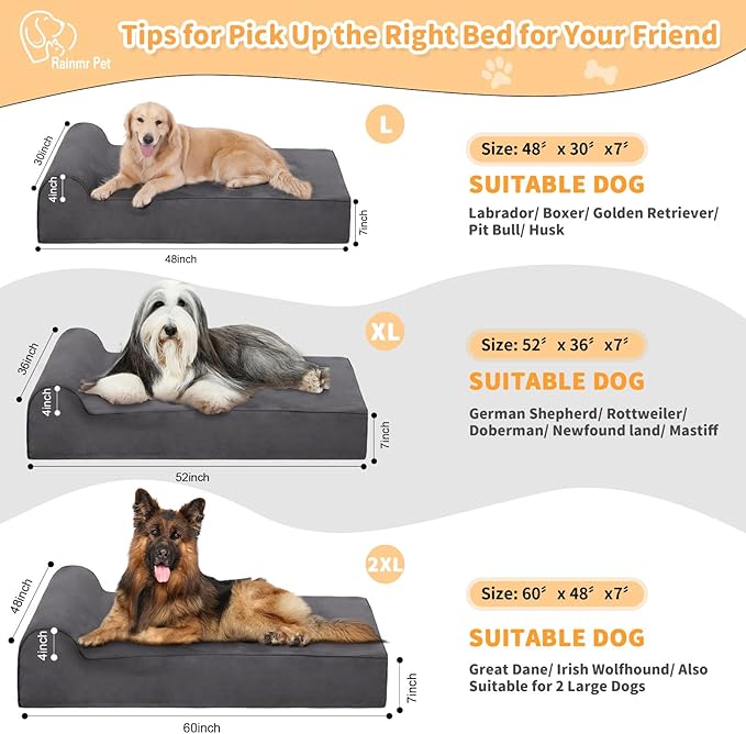 Orthopedic Dog Beds for Large Dogs, 7" Memory Foam Dog Beds with Waterproof Liner, Chew Proof Microsuede Cover, Removable and Washable, Nonskid Bottom, 52"x36"x7" XL Grey