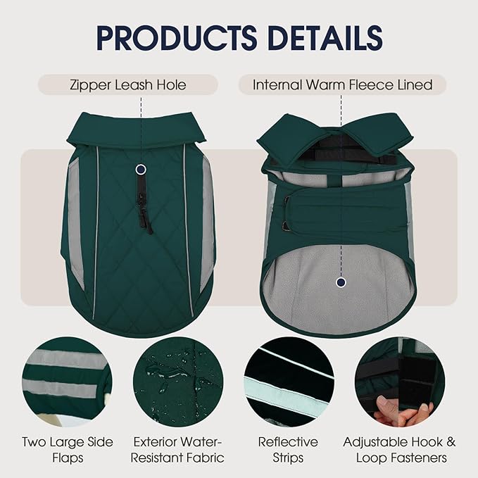 IECOii Large Dog Coat - Waterproof & Windproof Snow Jacket for French Bulldog & Corgi, Adjustable & Reflective Warm Coats with Fleece Lining for Walking, Camping, Hiking, Green, Sizes L