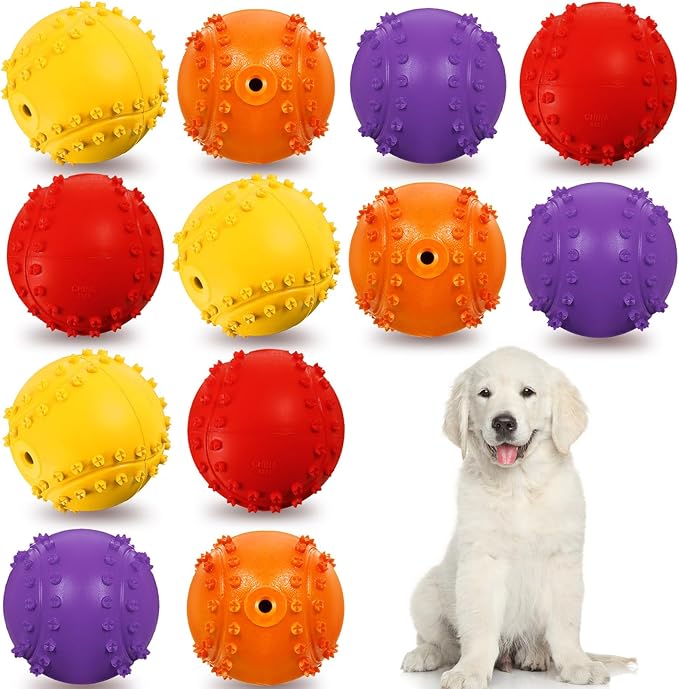 Hiboom 12 Pcs Squeaky Dog Toy Balls Reliable Rubber Squeaker Fun Interactive Puppy Chew Toys Outdoor Beach Ball for Large and Small Pet Aggressive Chewers