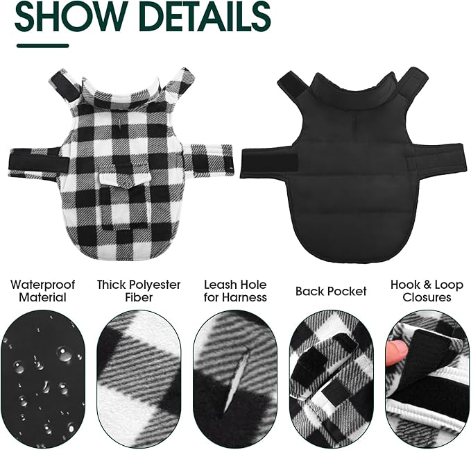 Kuoser Dog Winter Coat, Windproof Dog Fleece Jacket British Style Plaid Cold Weather Doggie Vest Coats, Reversible Cozy Warm Pet Clothes Apparel for Large Size Dogs XL