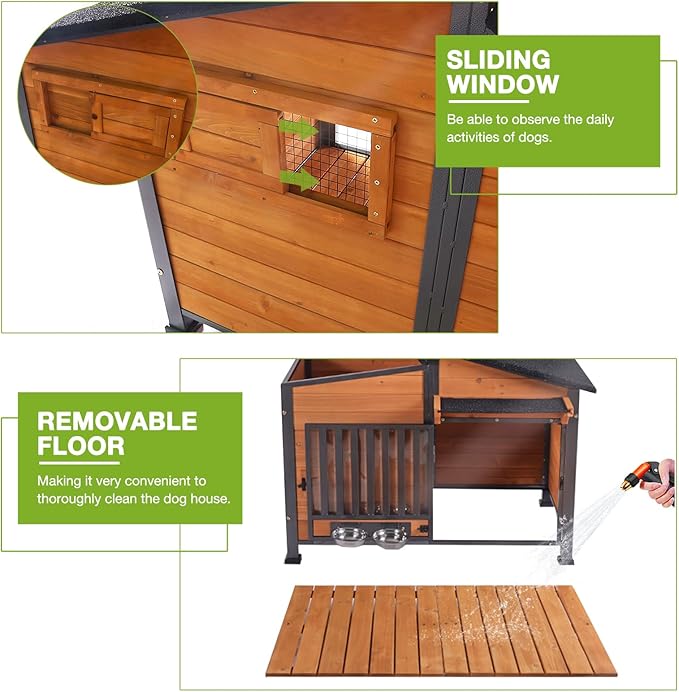 Heated Dog House Outdoor, Insulated Dog Kennel with Heating Pad for Winter, Weatherproof Dog Shelter with Anti-Chewing Metal Frame and Bowls for Small Medium Large Dogs (Brown)