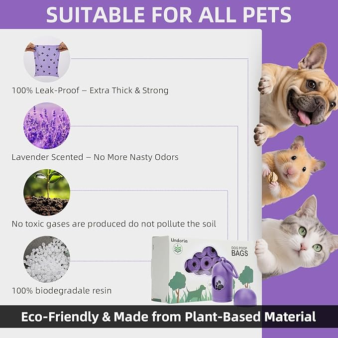 Undoria Purple Poop Bags for Dogs,18 rolls(270 Count Biodegradable Poop Bags,9x13 inches),With Dog Poop Bag Holder– Extra Thick & Leak-Proof Waste Bags for Dogs & Cats,Lavender Scent