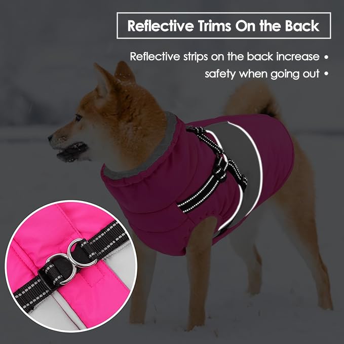 SUNFURA Dog Coat for Large Dogs, Warm Pet Jacket Winter with Harness Built in, Waterproof Pet Snow Jacket with Furry Collar, Reflective Fleece Snowsuit for Extra Large Dogs, Hot Pink XL