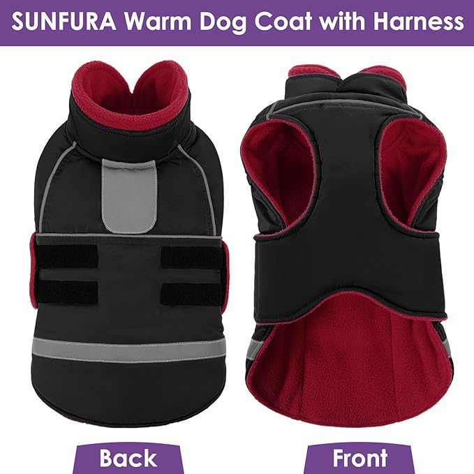 SUNFURA Dog Coats for Medium Dogs, Dog Winter Coat with Fleece Lining for Cold Weather, Warm Dogs Puffer Jacket Reflective Snowsuit with Leash Hole for Jack Russel, Boston Terrier, Black M
