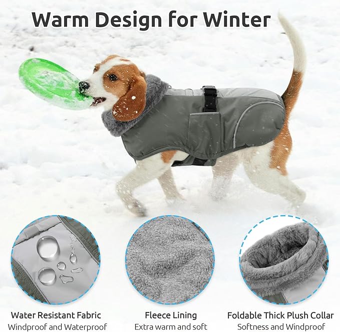 Queenmore Dog Winter Jacket, Fleece Dogs Vest for Winter, Dog Cold Weather Coats, Puppy Coats for Medium Breeds Waterproof, Pet Snowsuit with Leash Hole, Grey, M