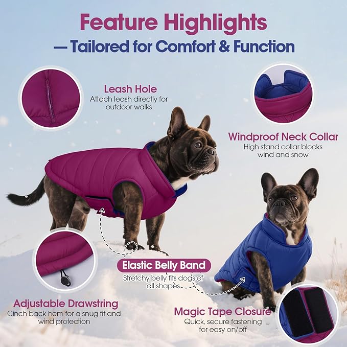 QBLEEV Reversible Dog Jacket for Small Dogs, Waterproof Windproof Warm Winter Coat with Adjustable Fit & Leash Hole, Lightweight Reversible Puffer Vest, Purple, S – Fits Yorkie, Shih Tzu