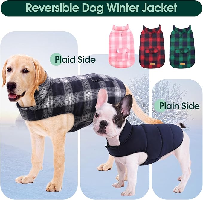 Kuoser Dog Winter Coat, Reversible Dog Jacket, Warm Doggie Coat British Style Puppy Cold Weather Vest, Windproof Pet Clothes Vest for Small Dogs, Blue S