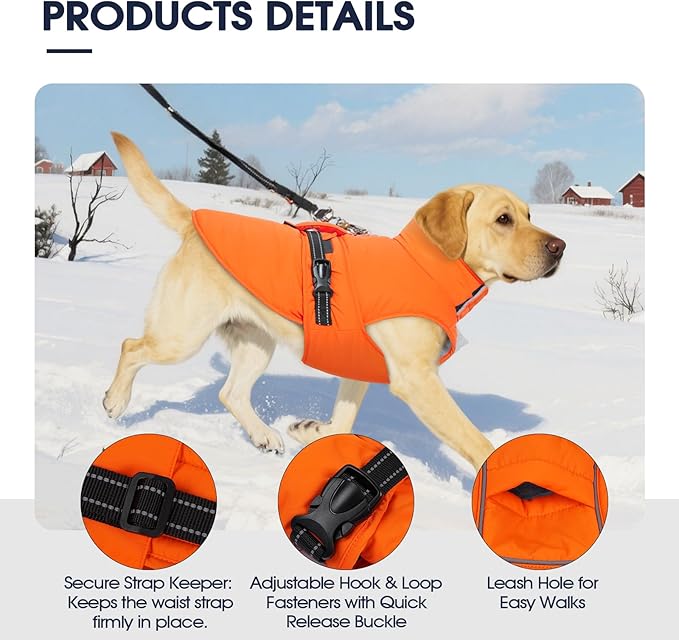 IECOii Dog Winter Coats - Reflective, Adjustable & Windproof Jacket for Cold Weather, Soft Fleece Lined & Quick Release Buckle & Waterproof Snow Vest for Camping, Orange, Size 4XL