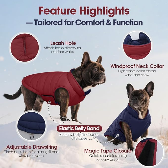 QBLEEV Reversible Dog Jacket for Large Dogs, Waterproof Windproof Winter Coat with Adjustable Hook & Loop Design, Lightweight Puffer Vest Keeps Dogs Warm & Dry, Wine Red, XL – Fits Pitbull, Boxer