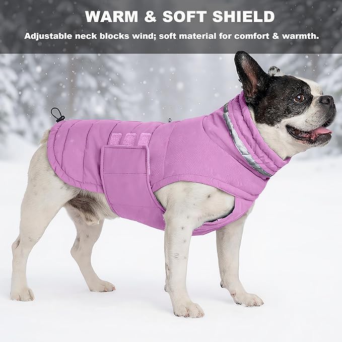 Dog Coat, Waterproof Winter Jacket, Warm Windproof Vest, Reflective Adjustable Turtleneck Coats for Medium and Large Dogs with Hook & Loop - Lilac - L