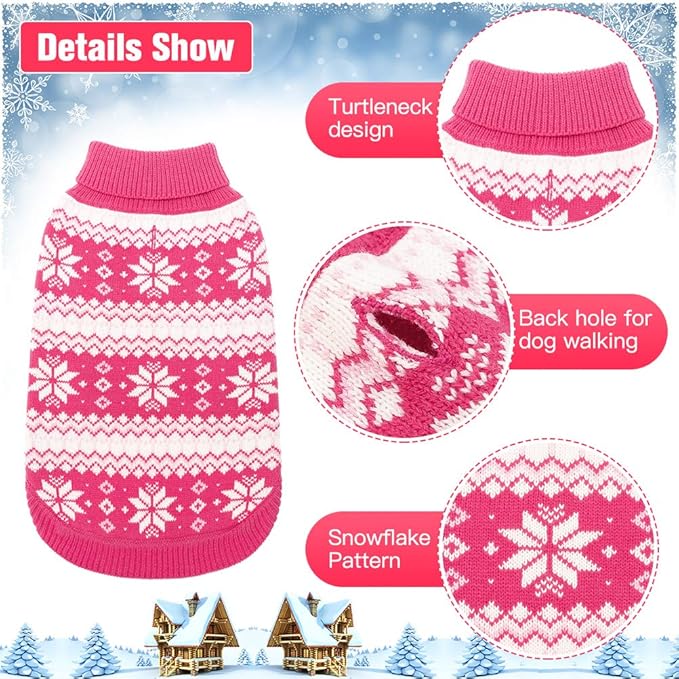KOOLTAIL Cable Knit Dog Sweater Turtleneck, Cold Weather Pullover Classic Knitwear, Snowflake Pattern Thick Warm Winter Pet Clothes, Dog Christmas Sweater for Small Medium Large Dogs Girl, Pink SM