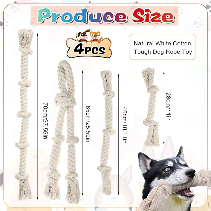 4 Pcs Rope Dog Toys White Tough Rope Toy Natural Cotton for Aggressive Chewers Interactive Knot Toys for Large Dog Tug of War Heavy Duty Pet Supplies Teeth Cleaning